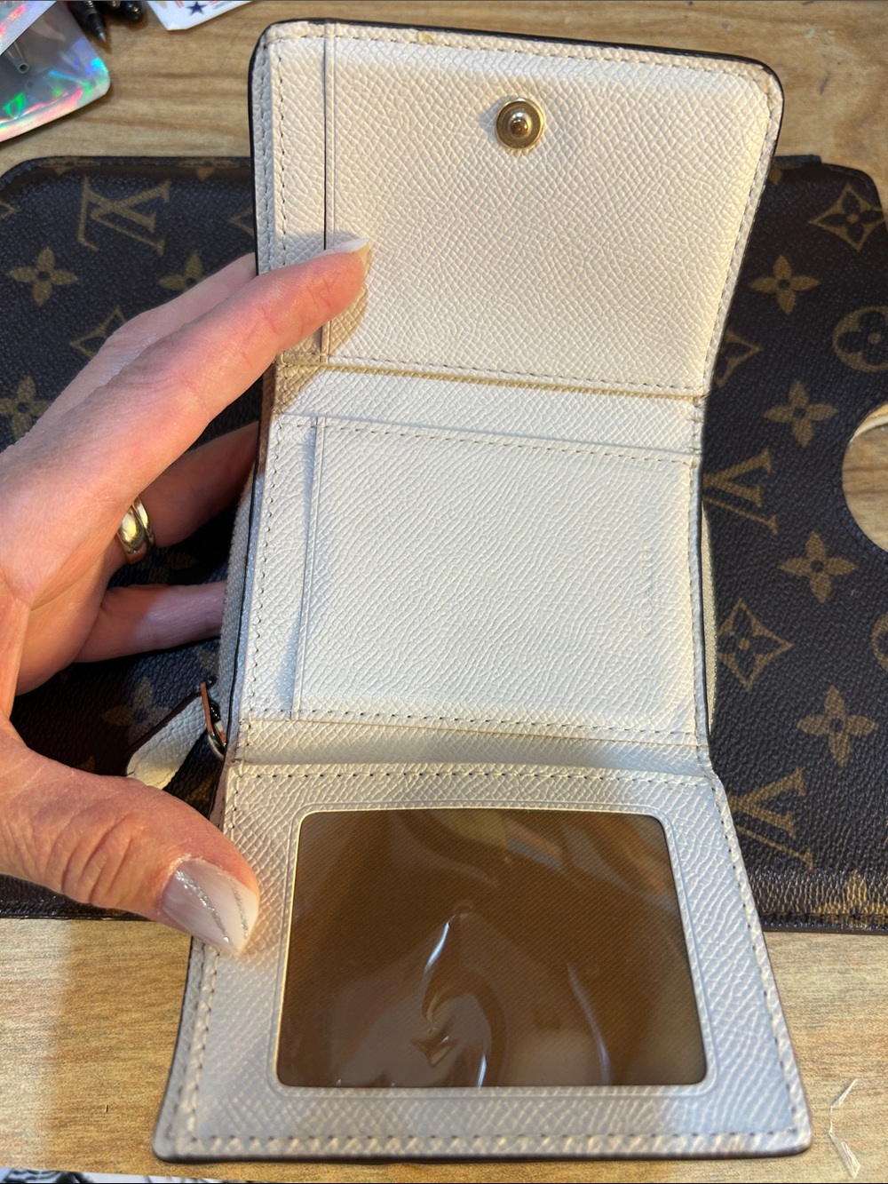 Coach Compact Pebbled Leather Wallet in Cream and Tan - Picture 3 of 11